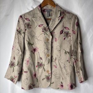 Kate Hill Women's 8 Linen Khaki Beige Floral 3 Button Blazer 3/4 Sleeve